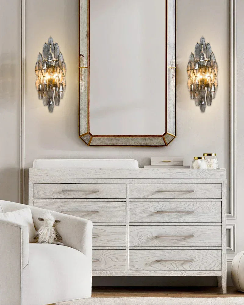 LightsStory Series Refractive Wall Sconce | Tiered Handblown Glass Handblown glass polyhedrons on a durable steel frame, Smoked finish for Modern living spaces and hallways American Vintage chandelier lamp