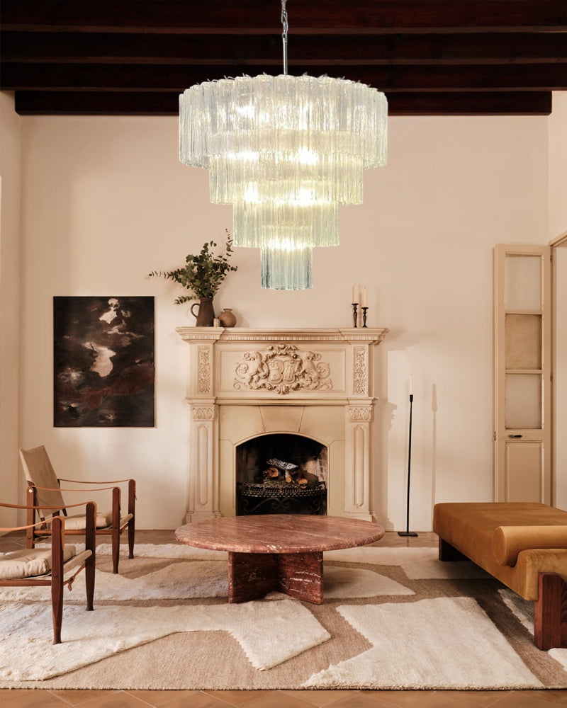 Classic Murano Transparent Glass Tube Chandelier Brushed Gold & Chrome Frame