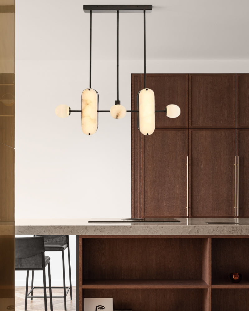 8-Light LED Linear Pendant Lighting in White Alabaster with Bronze & Brass Hardwared