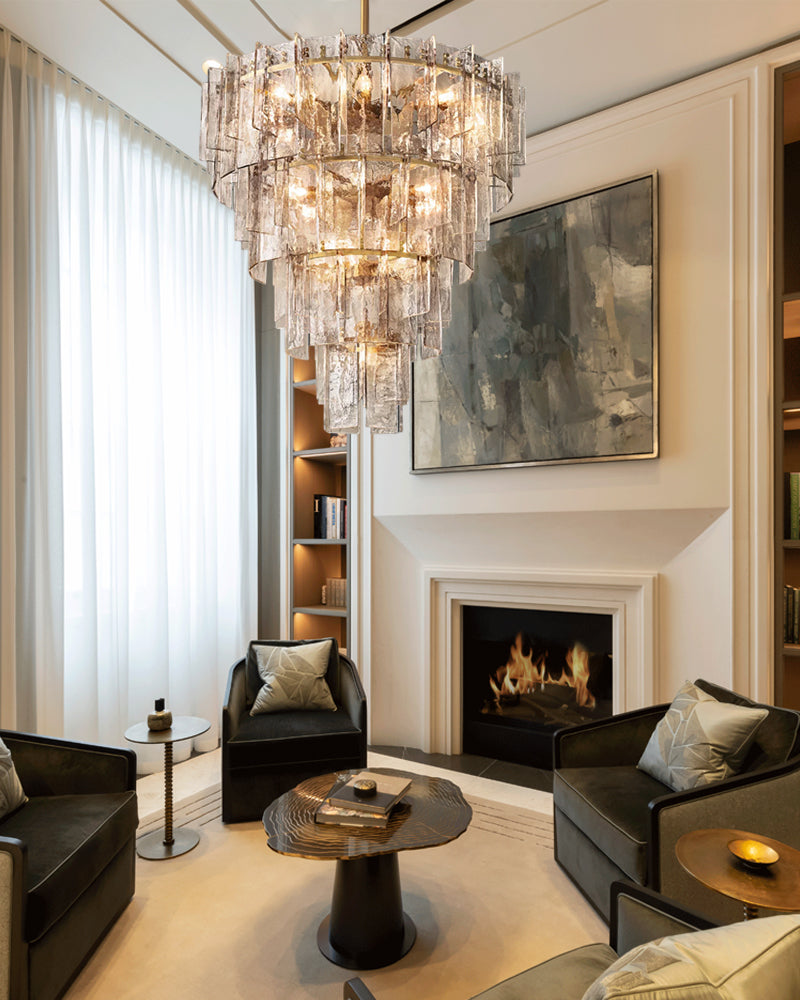 E14 Large Crystal Matrix Chandelier brushed copper with transparent/smoke grey glass