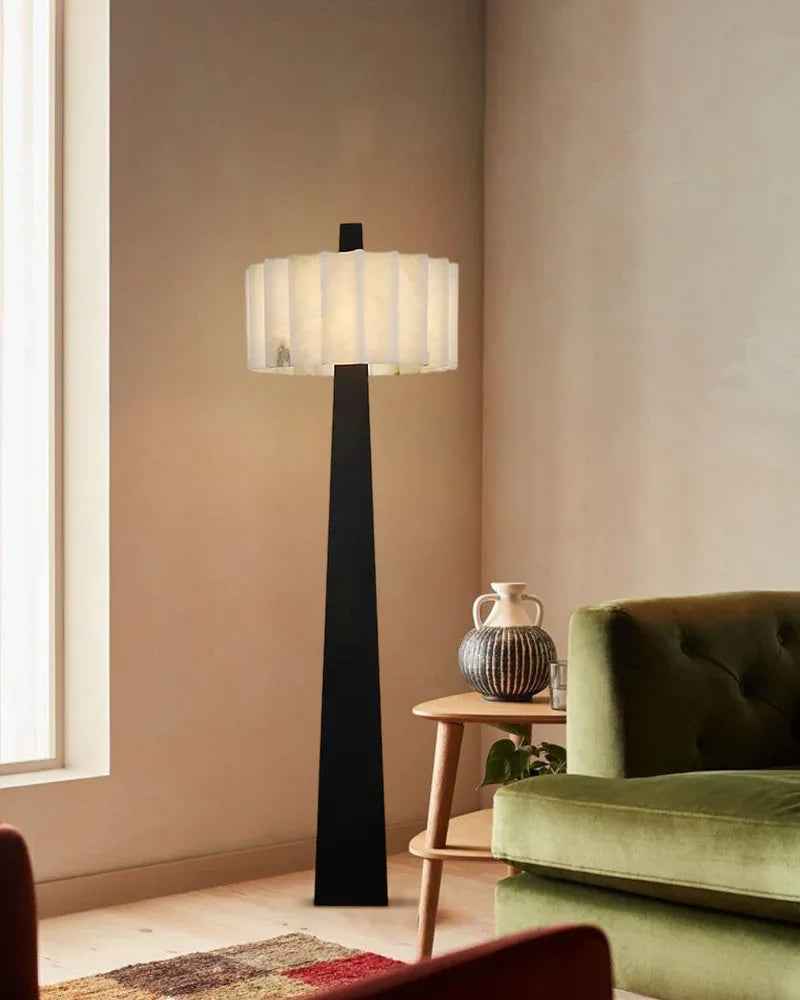 LightsStory Series Geometric Floor Lamp | Sculptural Minimalism Hand-Carved Spanish Nature Alabaster, Black Stainless Steel base for Living Rooms and Reading Nooks American standing floor lamp