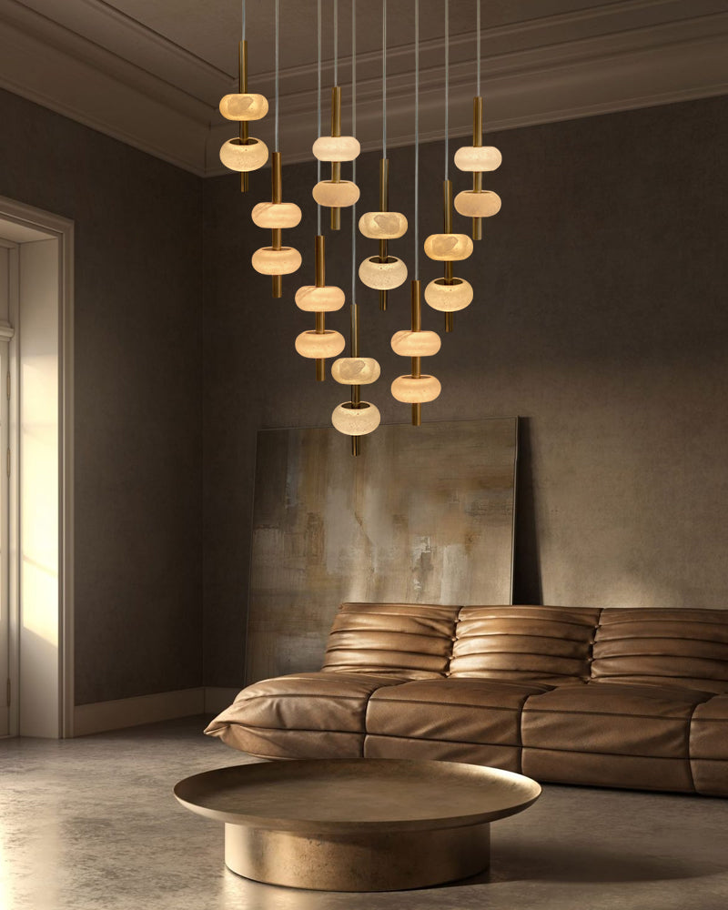 Villa 5 Light New Age Brass Cluster Pendant Light with 4in White Spanish Alabaster Shades