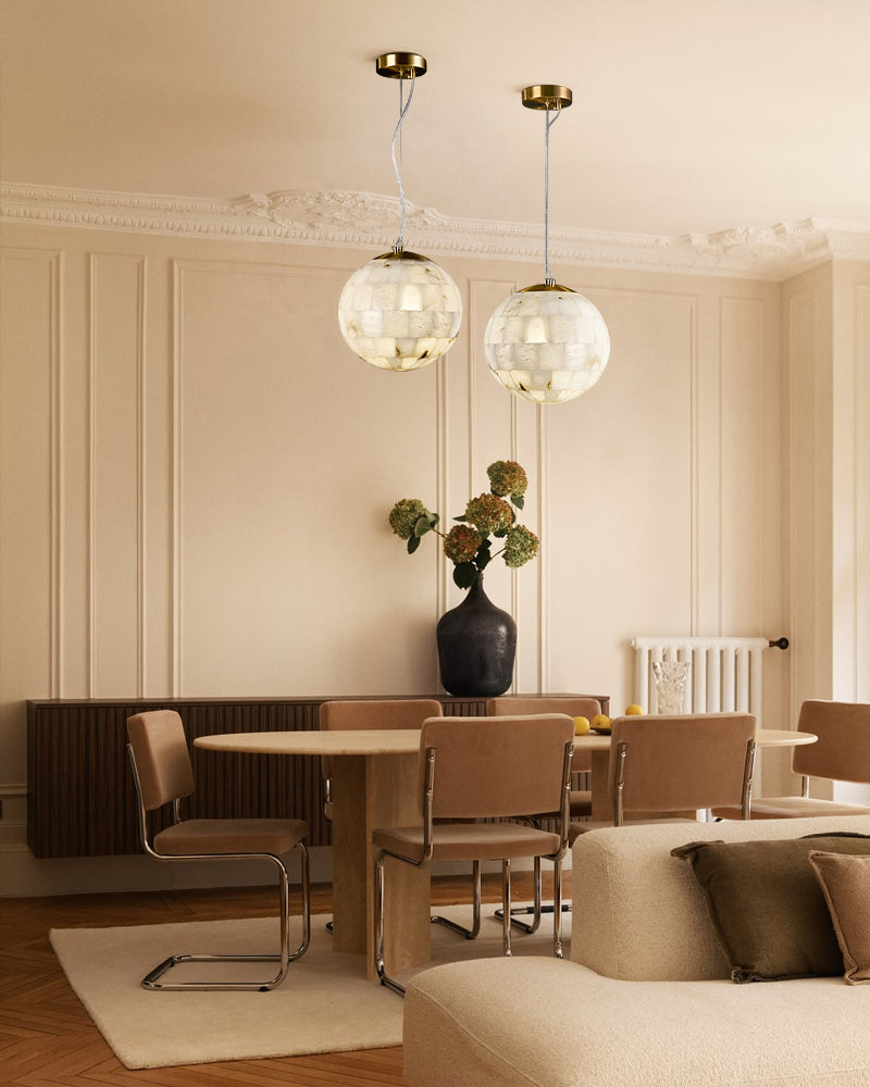 Alabaster Cascading Shell Globe Multi Ball Pendant Light - Natural Spanish Alabaster Spheres, Lux Gold Trim - Kitchens, Dining & Living Rooms