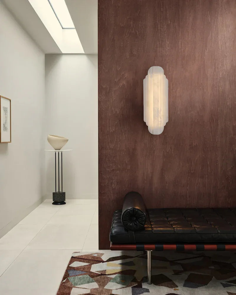 Estelle Series Ethereal Wall Sconce | Layered Alabaster Natural layered alabaster shade with minimalist metal base, Sleek modern metal finish for Living rooms, halls, and bathrooms Flush Mounted Wall Sconce Lamp