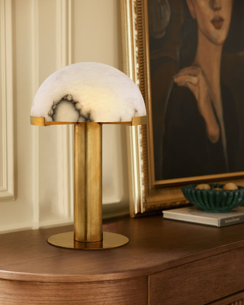 LightsStory Series Geometric Table Lamp | Dome Alabaster Shade Hand-carved natural alabaster with metal base, Burnished Brass or Black finish for Home offices, bedside tables, and workspaces Modern Table lamp