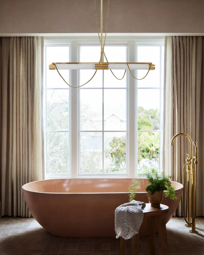 LED Tubular Alabaster Shades Ceiling Pendant Lamp 49" with long chains | Brass Vintage Simple Pendant Lamp