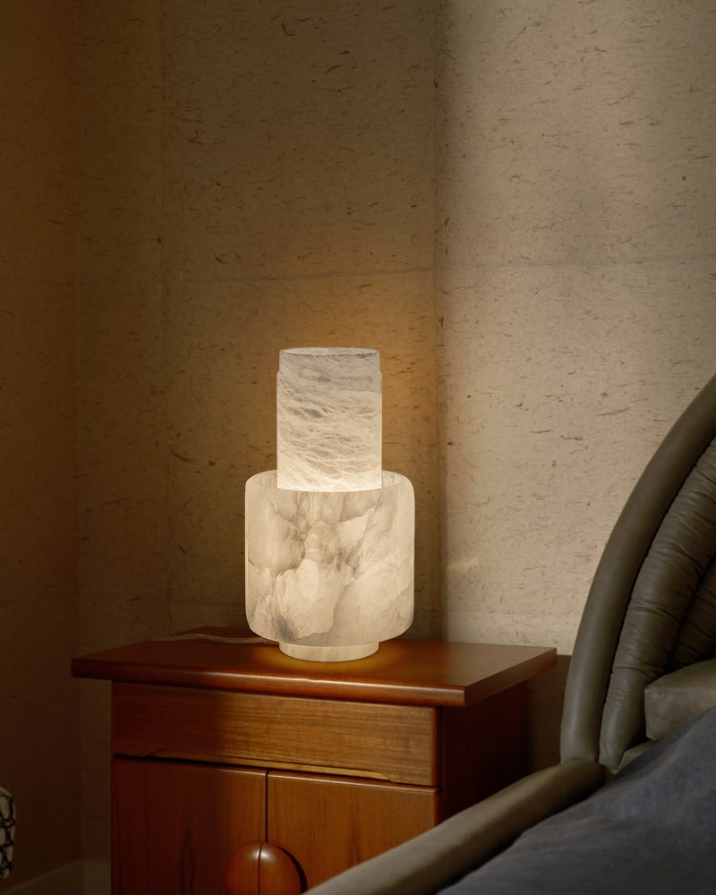 White Nature Handcrafted Alabaster Small Table Lamp with night light for bedside