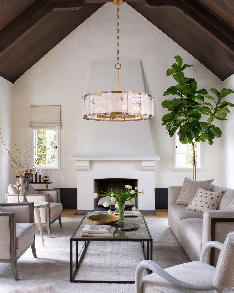 Solstice Ghiaccio Glass Drum Pendant Light - Textured Ice Glass, Lux Gold Trim - Dining Rooms & Living Rooms