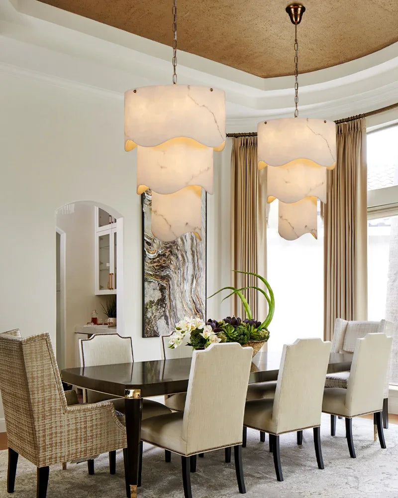 White Alabaster and Antique Brass Finish Layered Pendant Light Wide 18" Modern Pendant lamp