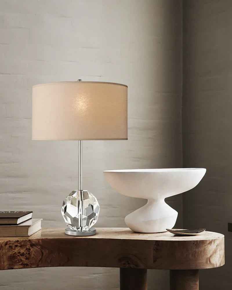 LightsStory Series Prismatic Table Lamp | Faceted Crystal Sphere Solid brass and hand-polished crystal spheres with a neutral fabric linen shade, Black, Brass, and Nickel finish for Desks, consoles, and bedside tables Modern Table lamp