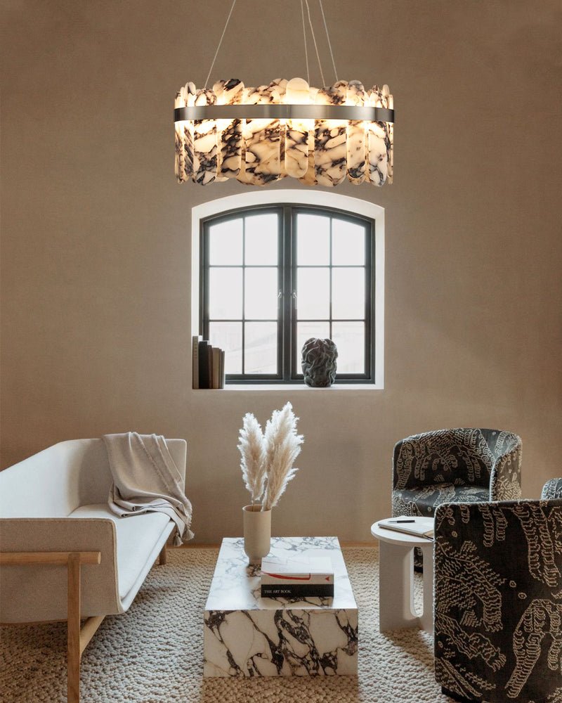 Modern LED Marble Round Chandelier 24" 32" Brushed Gold/Silver/Black Circle Frame