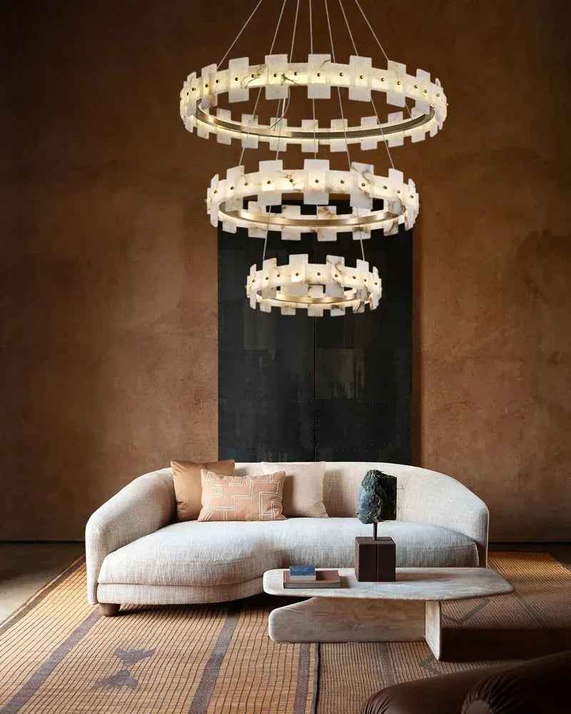 LightsStory Series Geometric Chandelier | Halo Ring Natural Alabaster panels with Antique Brass frame, Antique Brass finish for foyers and dining rooms Luxury Modern Chandelier