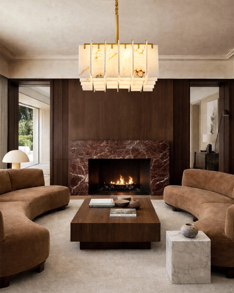Linear Rectaggered Alabaster Panel Chandelier - Multi-layer Stone