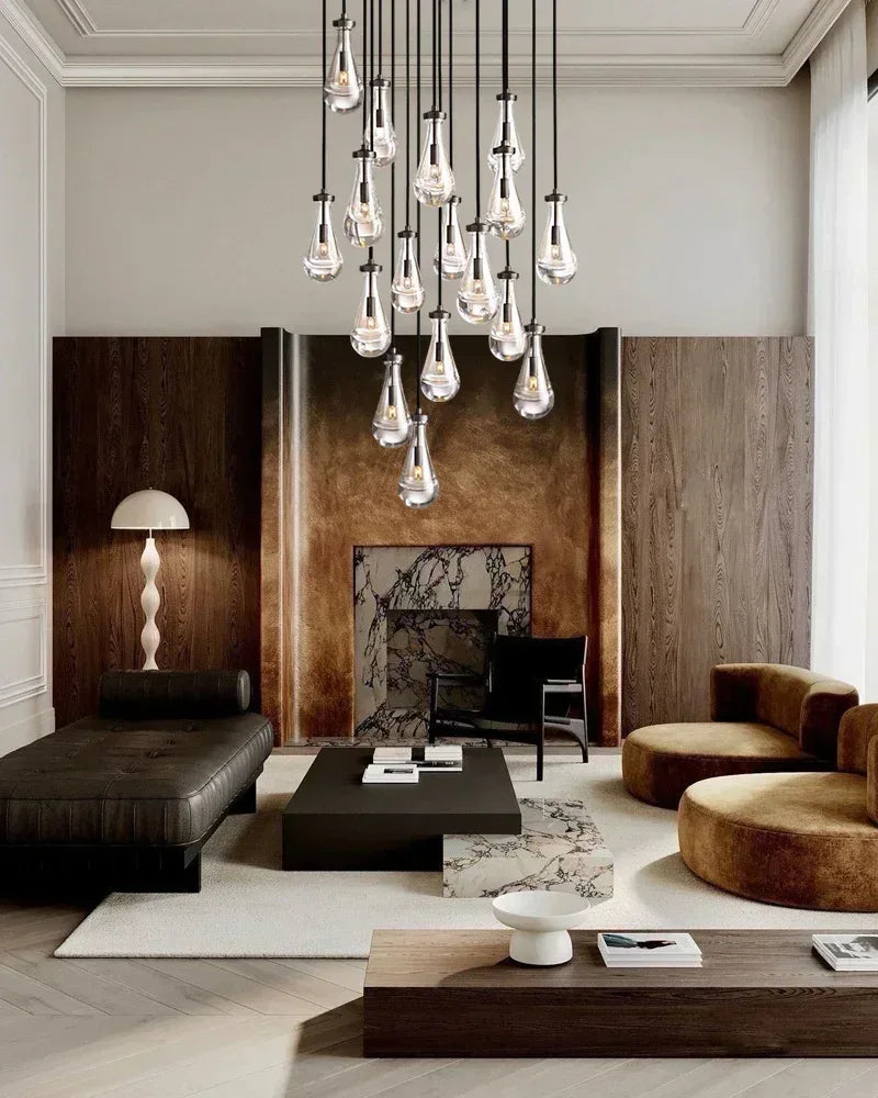 Aged Brass Floating Raindrop Hand Blown Crystal Linear Cluster Chandelier Wide 54" American chandelier