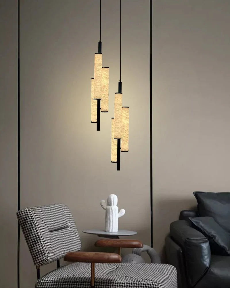 Nordic Long 3-light Cylinder Alabaster Pendant Lamps Brass/Black Metal Pole Modern Pendant lamp