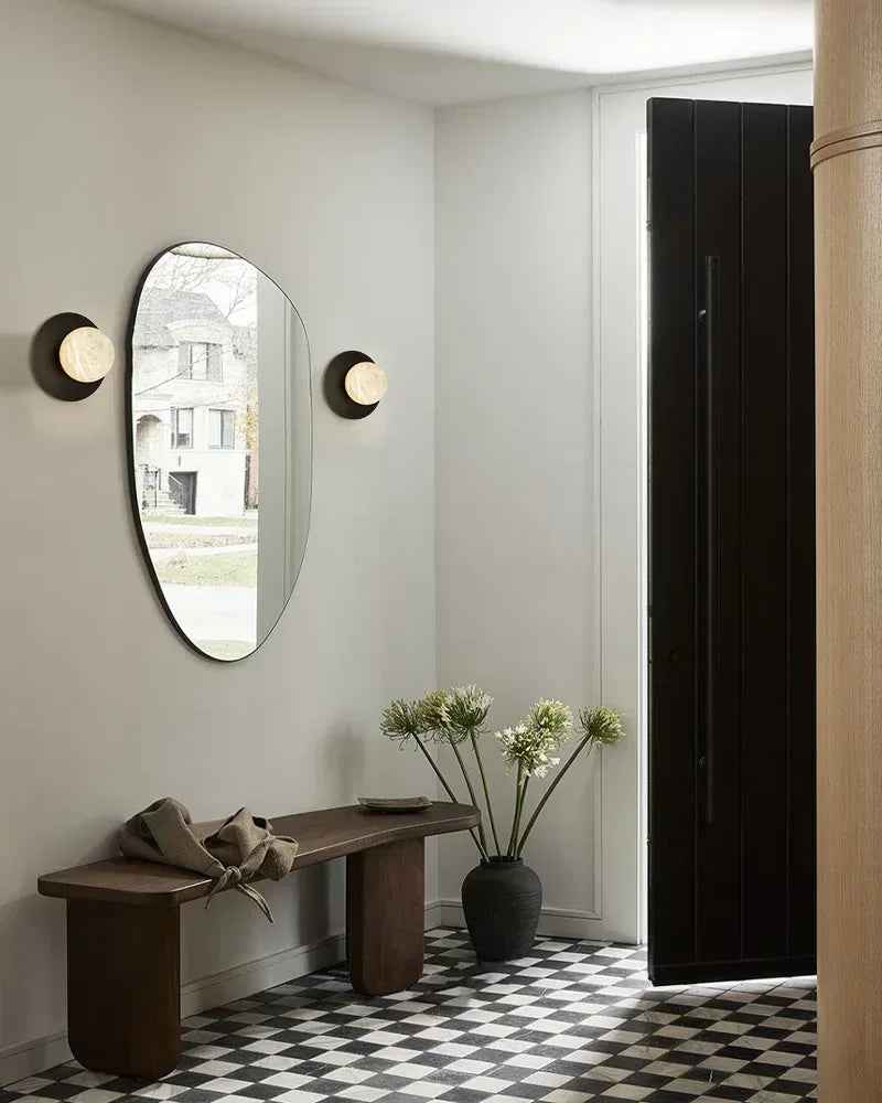 LightsStory Series Ethereal Wall Light | Alabaster Globe Hand-Carved Natural Alabaster Stone, Antique Black Iron finish for Hallways and Entryways Flush Mounted Wall Sconce Lamp