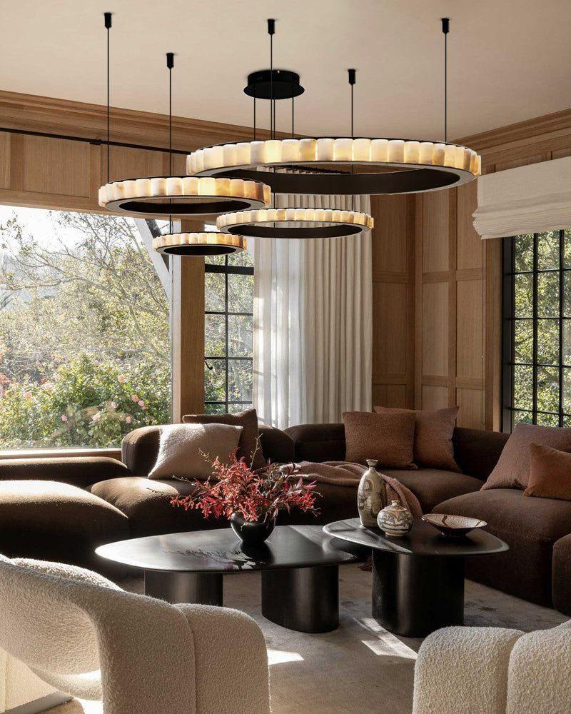 Natural Alabaster Marble Double Circular Chandelier | Black Steel Ring with long cord American chandelier