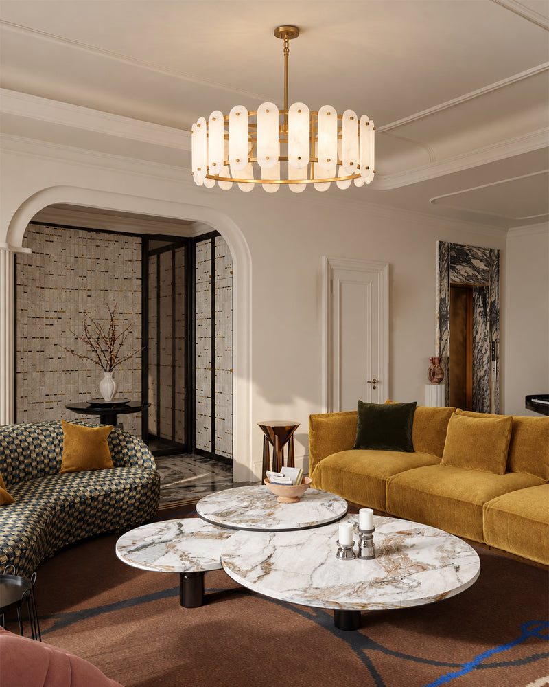 Oval alabaster pendant light with brass trim and vertical stone panels
