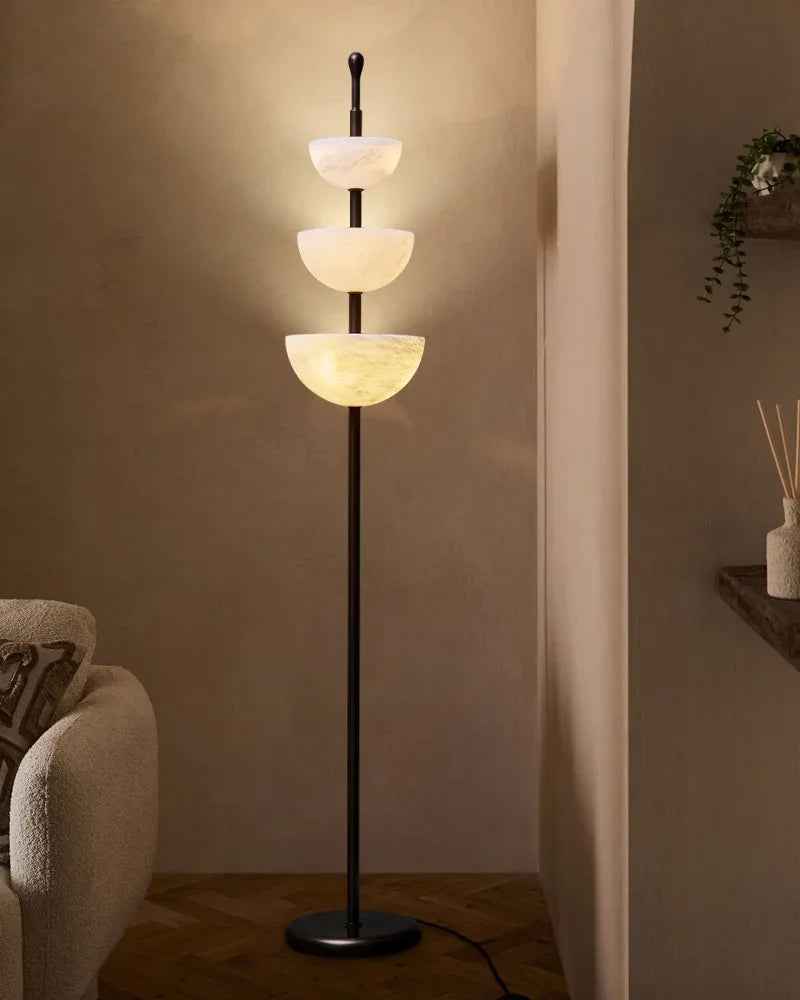 LightsStory Series Geometric Floor Lamp | Triple Bowl Natural marble and snowflake gypsum, Modern Black hardware for Living rooms and bedrooms American standing floor lamp