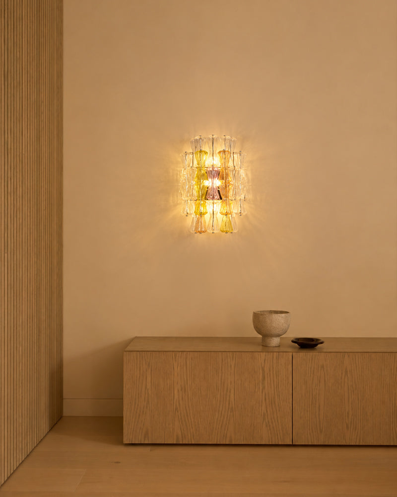 LightsStory Murano Glass Sculpture Amber Sconce - Hand-Blown Amber Glass, Lux Gold Trim - Bedrooms, Hallways & Bathrooms