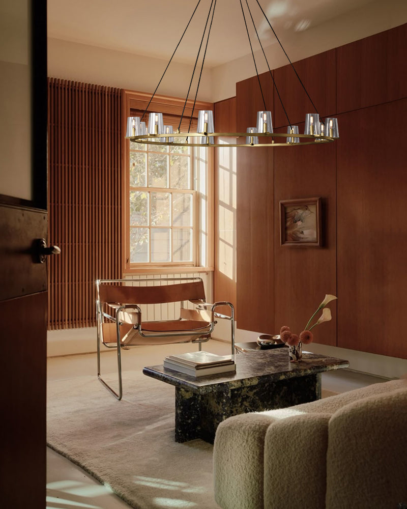 12-light Pauillac Brass/Black Linear Clear Glass Chandelier 49" 60" for dining room