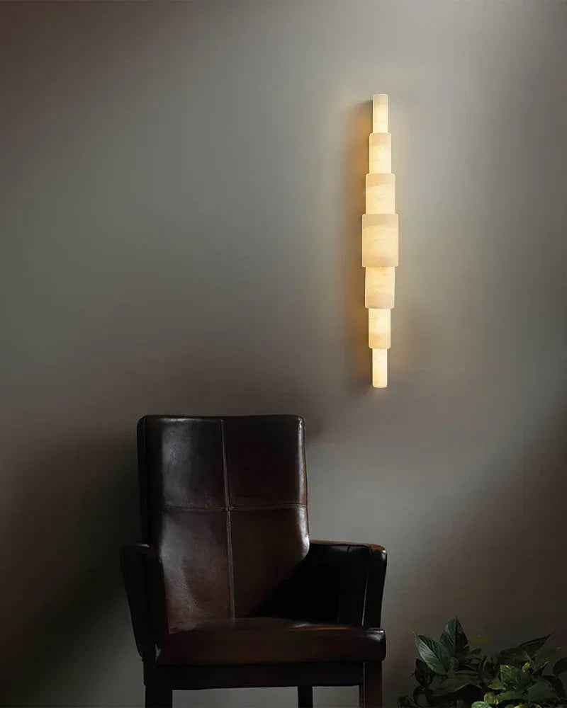 LightsStory Series Geometric Wall Sconce | Half Cylinder Hand-finished natural white alabaster stone and solid metal, Polished metal finish for Bedrooms, hallways, and dining spaces Modern Art Design Wall Lamp