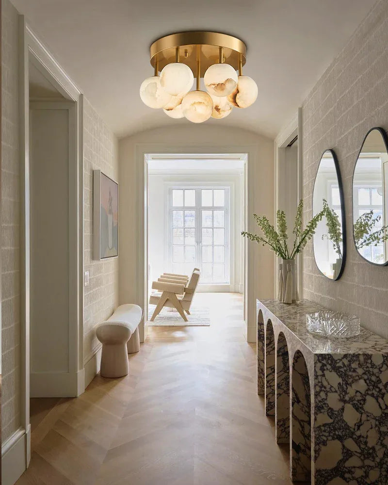 7/13/19-Light Soft Brass and Faux Alabaster Semi Flush Mount with Etched Opal Marble Shades Flush Mounted Ceiling Lamp