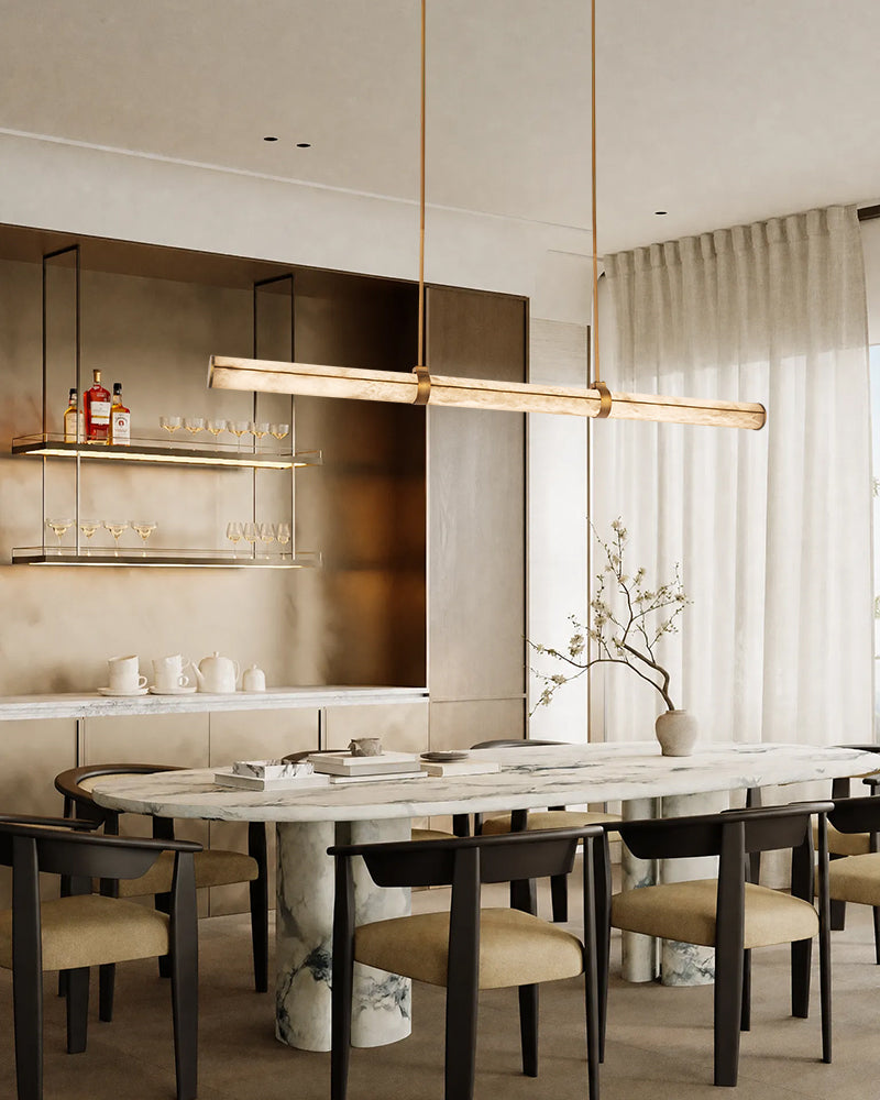 Cora Alabaster Linear Halo Rod Pendant Light - Natural Spanish Alabaster, Lux Gold Trim - Kitchen Islands & Dining Rooms