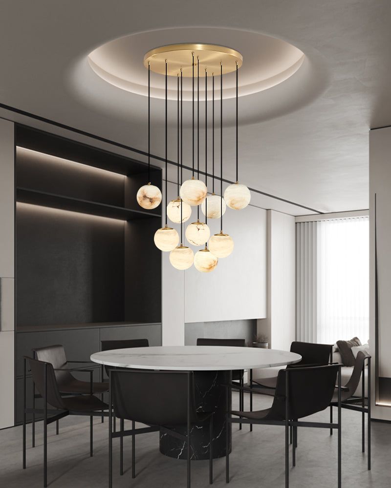 Stylish 22-light marble pendant lamp above contemporary marble dining table and chairs