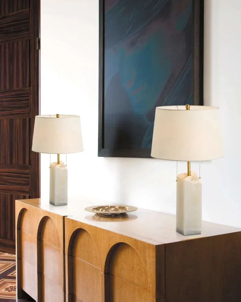 Small White Alabaster Beside Table Lamp Brass with linen tapered shade Wide 15" Modern Table lamp