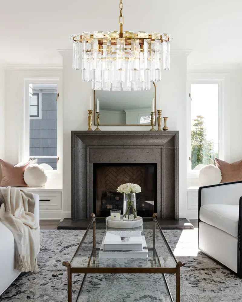 Gstaad Series Grand Chandelier | Tiered Cut-Clear Glass Layered tiers of cut-clear glass crystals with a solid stainless steel frame, Gold, Black, and Chrome Stainless finish for Entryways, dining rooms, and great rooms American chandelier
