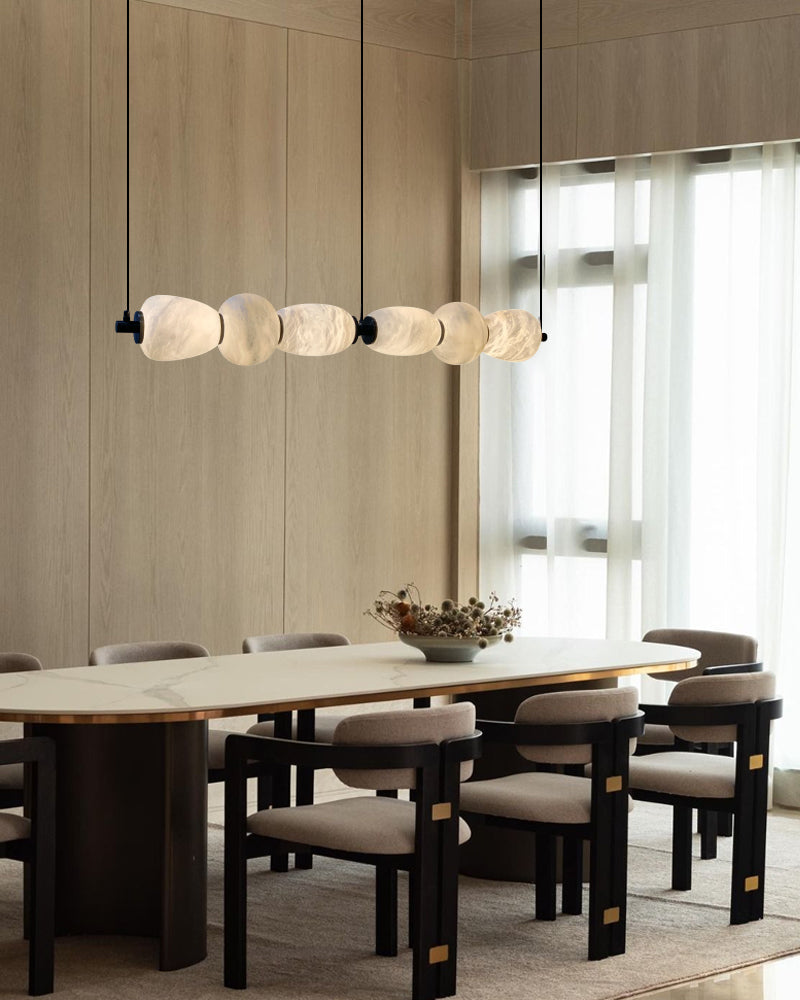 6 Lights Rectilinear White Alabaster Solid Ball Thread Synthetic Shade Hanging Light in the Kitchen