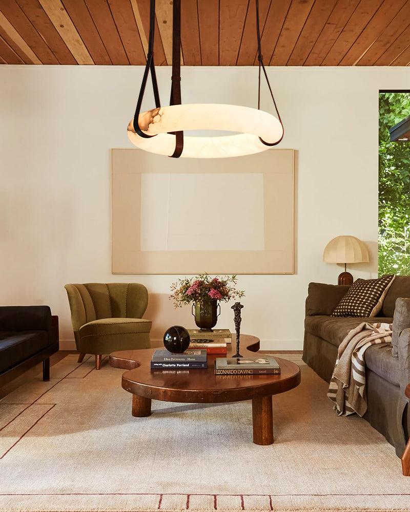 Alabaster Torus Halo Ring Leather Strap Canopy Pendant Light - Natural Spanish Alabaster, Organic Leather Trim - Kitchens, Dining & Living Rooms