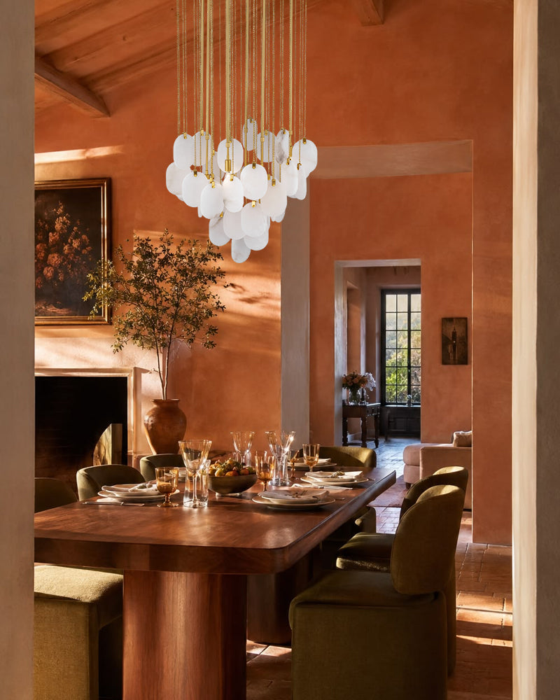 Fenwich Alabaster Gold Tag Cluster Pendant Light - Natural Spanish Alabaster Panels, Lux Gold Trim - Dining Rooms & Living Rooms
