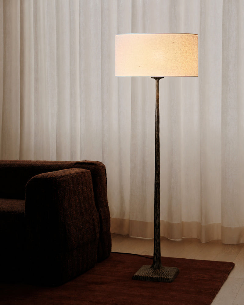 Hammered Brass Tapered Column Drum Floor Lamp - Lux Heritage Brass, Organic Linen Shade - Bedroom & Living Rooms