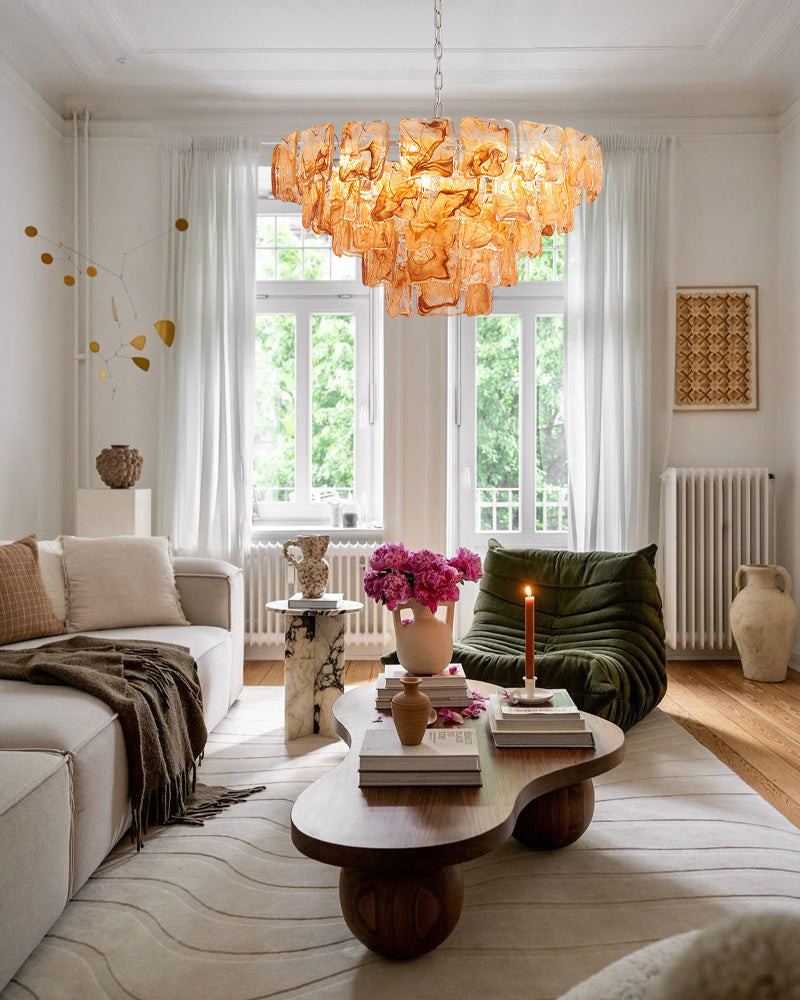 Murano Glass Amber Glow Circular Prism Multi Tiered Waterfall Chandelier - Handblown Glass, Brass Trim - Living Rooms, Dining Rooms & Bedrooms