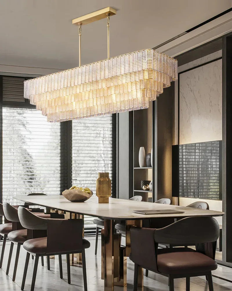 Cassis Series Geometric Chandelier | Multi-Tier Ridged Glass Hand-Sculpted Clear and Smoke Ridged Glass, Polished Architectural finish for Dining Rooms and Grand Foyers American chandelier