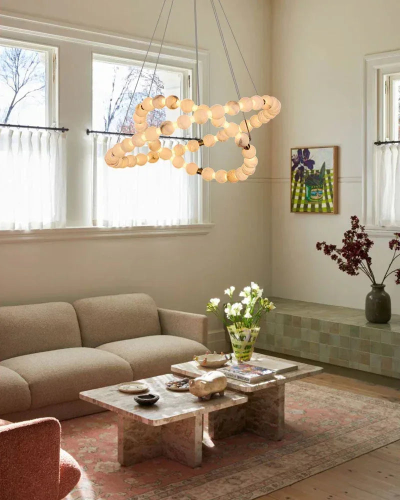 Pearl Alabaster Necklace Round Chandelier 20in 24in 31in 40in | Single Ring Luxury Modern Chandelier