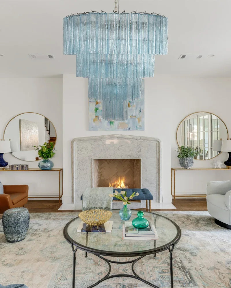 Elegant Murano Hand-blown Blue Glass Tube Multi-Tier Chandelier in Silver Frame American chandelier