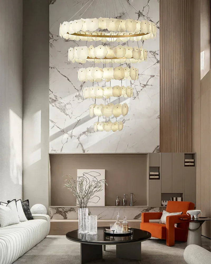 6-tiered Large stairwell chandeliers | irregular alabaster plate in disk ceiling with long cord American Vintage chandelier lamp