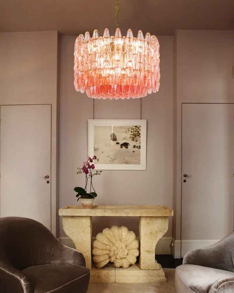 Cortina Series Geometric Chandelier | Drum Shape Polyhedron Hand Blown Murano Glass Polyhedron, Polished Metal for Dining Rooms, Living Areas, and Dressing Rooms Luxury Modern Chandelier