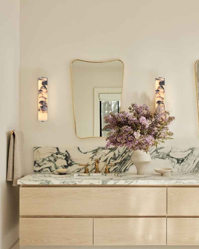 Adrian Series Geometric Wall Sconce | Cylindrical Nature Texture Natural black marble with unique veining and brass metal, Frosted Black and Brass finish for Bedrooms, living rooms, and hallways Modern Art Design Wall Lamp