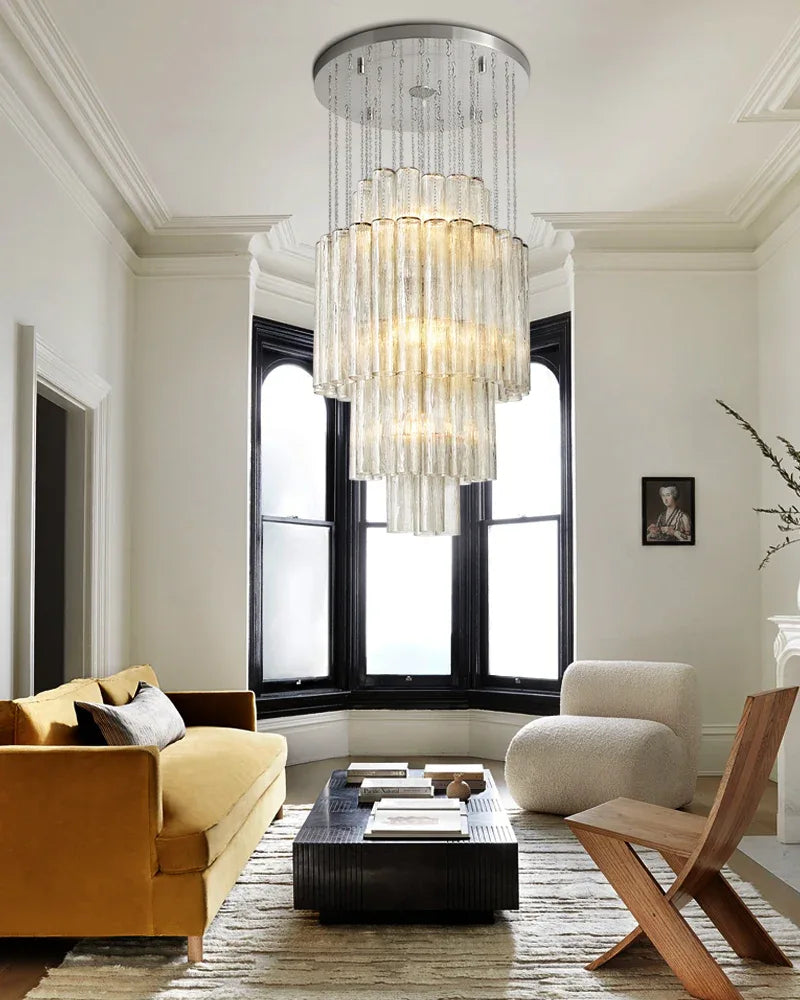 LightsStory Series Geometric Chandelier | Multi-Tiered Durable steel and translucent glass, Polished satin nickel finish for Grand halls, dining spaces, and statement staircases American chandelier