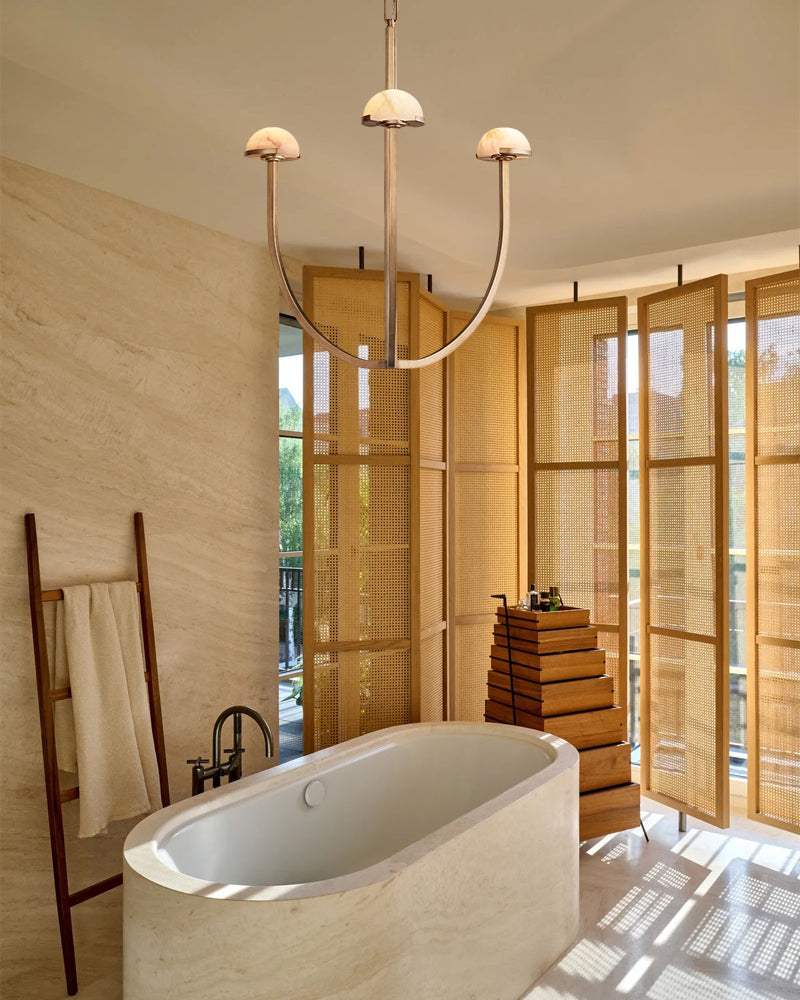 Alabaster Three-Tier Chandelier for Dining Room – Mid-Century Modern, Aged Brass & Black, Pedra Collection American chandelier