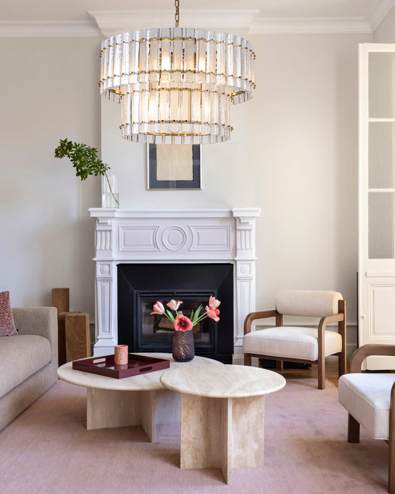 Solstice Aura Ghiaccio Glass Double Tier Drum Chandelier - Lux Gold Trim - Foyers, Dining Rooms & Living Rooms