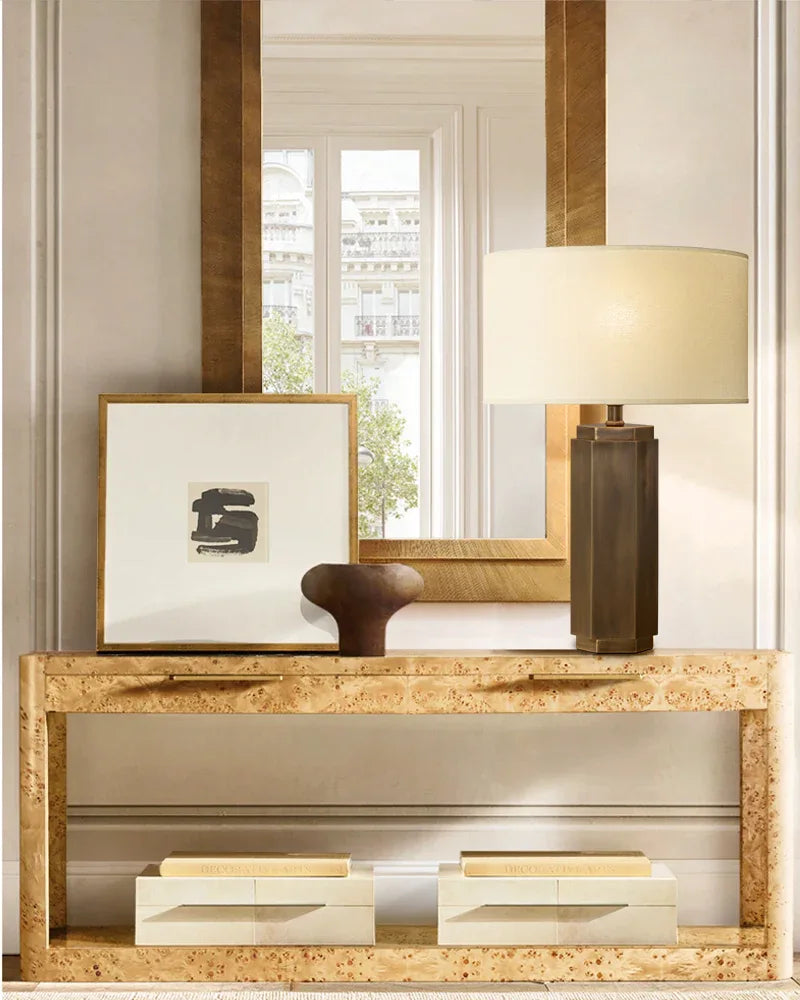 Hexagonal Column Table Lamp 5" in brass/black with fabric linen lampshade Vintage table lamp