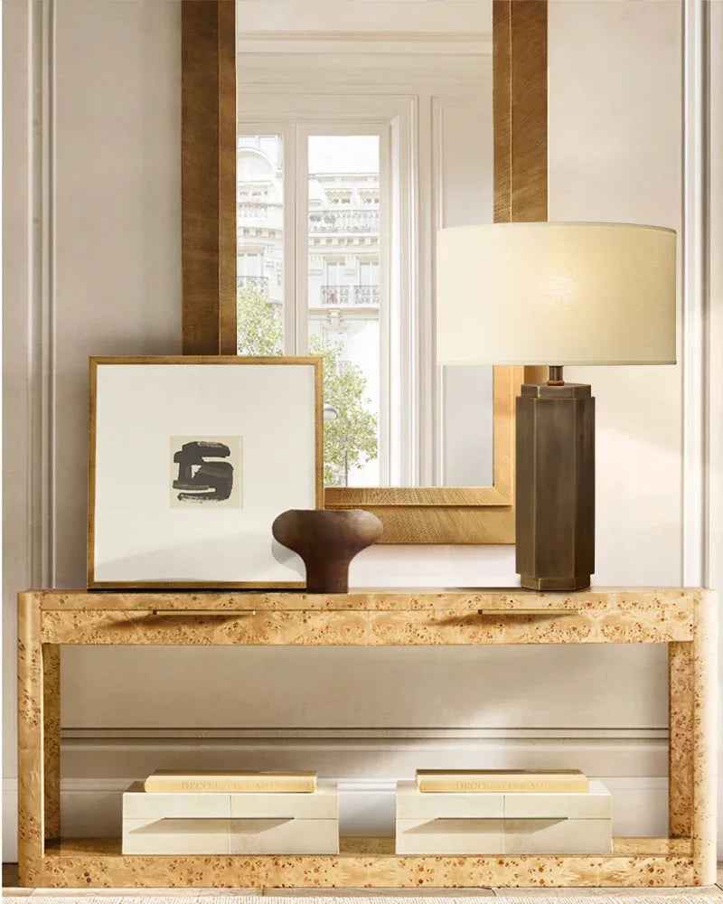 LightsStory Series Geometric Table Lamp | Hexagonal Column Solid Brass and Black Metal with Fabric Linen Lampshade, Matte Black and Polished Brass finish for Modern Home Offices and Bedside Tables Vintage table lamp