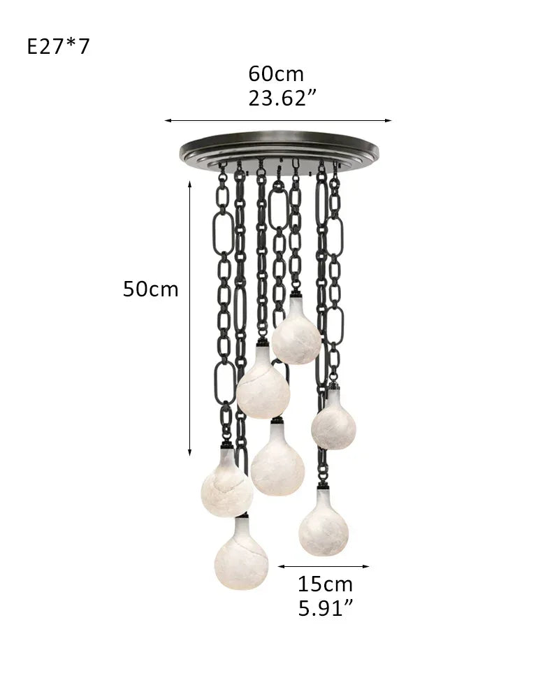 Cluster White Alabaster Globe Pendant Light with adjustable chain | 6" Living room Statement 7-light-D15cm D5.91" Black Chain + White American chandelier