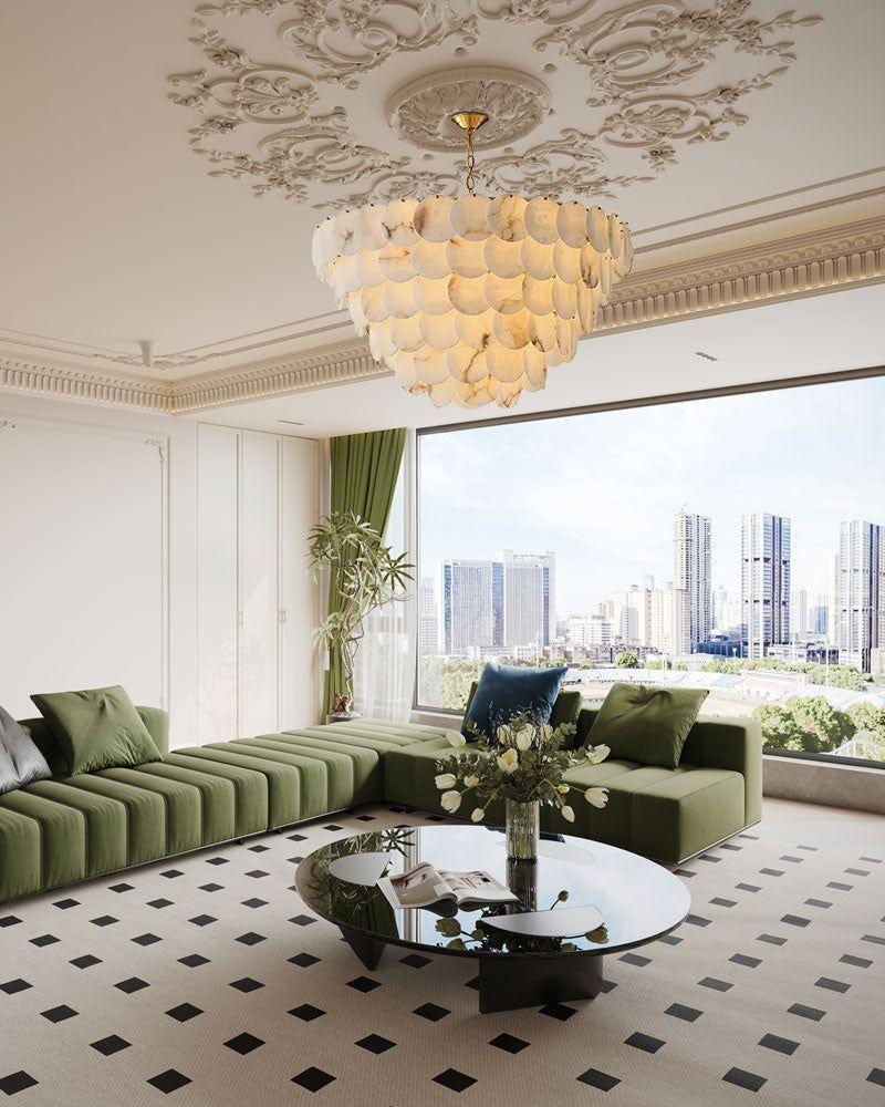 Modern Large Tier Alabaster Chandelier Wide 36" Lacquer Brass Metalwork for Foyer Decor Modern Pendant lamp