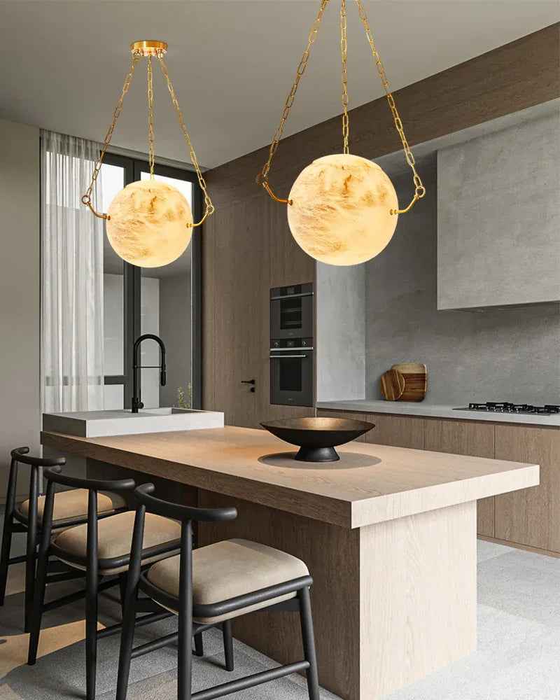 LightsStory Series Ethereal Pendant Light | Globe Natural Translucent Alabaster with Greek Key Motif, Brass and Matte-Black dual-tone for Kitchen Islands and Dining Areas Vintage Simple Pendant Lamp